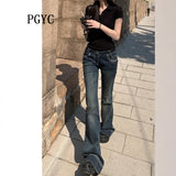 Yi Mengling With A Deep Blue Ultra-Low-Waisted Horn Jeans Women 2025 New Micro-Horn Pants