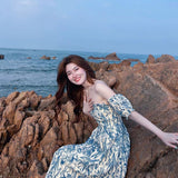 A Word Shoulder Broken Flower Dress Small Sling Dress Seaside Holiday Wearing Sanya Wind Beach Dress Summer