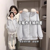 [Original Hairy Fabric] Korean Thick Collared Hat Collared Coated Woman Winter Noble Blue Coat Outside