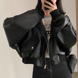 Korean Chic Autumn And Winter Denim Jacket Retro Zipper Double Pocket Casual Loose Two Hooded Leather