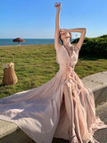 High-End Feeling Sleeveless V-Neck Hanging Neck Dress Gentle Temperament Wood Ear Side By-Back Seaside Beach Dress Super Fairy