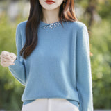 Wool Blended 2026 Autumn And Winter New Women's Round Neck Nails Loose Long-Sleeved Jacket Short Knitted Sweater Bottom Shirt