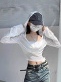 Sweet Cool Hottie Sexy Long-Sleeved Hooded T-Shirt With Short Sunscreen Leisure Thin Umbilion Spousal Hooded Blouse Spring And Summer