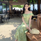 Seaside Holiday Green Flowers Small Flying Sleeve Dress Gentle Temperament Is Beautiful Waist A Word Beach Dress