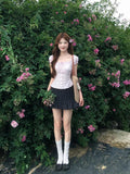 Set Women 2026 Summer Korean Age Reduction Design Pink Short-Sleeved Shirt Top Wave Half Body Skirt Two-Piece