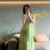Seaside Holiday Wind Niche Chic Tie-Dye Dress Women Summer Green Fresh Temperament Dress Dress