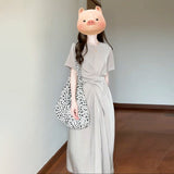 French Temperament Kinesi Design With Gray Short-Sleeved Dress Women's Summer 2026 New Waist Dress