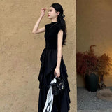 French Hepburn Long Dress Women Summer New Waist Thin Design Irregular Dress Black Dress Dress Woman