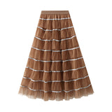 Sweet Lewd Mesh Splicing A Word Cake Skirt Women's Autumn And Winter New High-Rise Display Lean Long Dress 8073