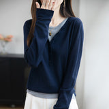 Wool Blending 2026 Autumn And Winter New Women Loose Round Collar And Fake Two-Piece Coat On The Bottom Of The Knitting Shirt