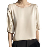 Airable Silk Satin 2026 Spring And Summer New Women's Round Collar Loose Solid Color Acetic Satin Noodles T-Shirt