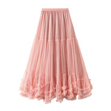 Oversized Swing Design Fashion Mesh Dress Sweet Wooden Ear Lace A Word Big Swing Ponum Skirt 8023