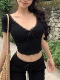 V-Neck Lace Short-Sleeved T-Shirt Women's Summer New Tight Sexy Hottie Pure Desire Bows Short With Breast Pad Top