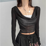 Twlu Cool Hottie Style Sexy Hooded Long-Sleeved T-Shirt Girl Summer Thin Personality Design Short-Sense Umbilized Tops Ins