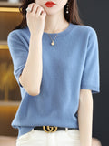 Wool Blended 2026 Autumn And Winter Women's New Loose Round-Neck Short-Case Small Design Short-Sleeved Top Knitwear Shirt